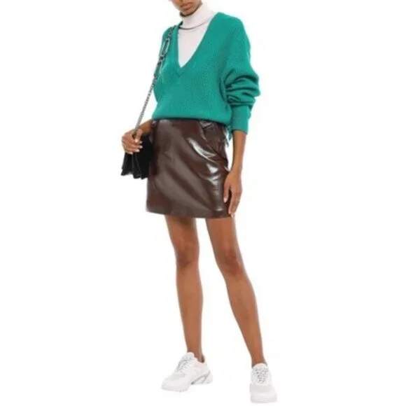 NWOT Sandro brown leather ruffle accent mini skirt, M